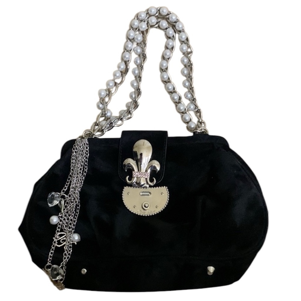 Paris Hilton Elegant Velvet Black Handbag with Pearl Chain and Charms